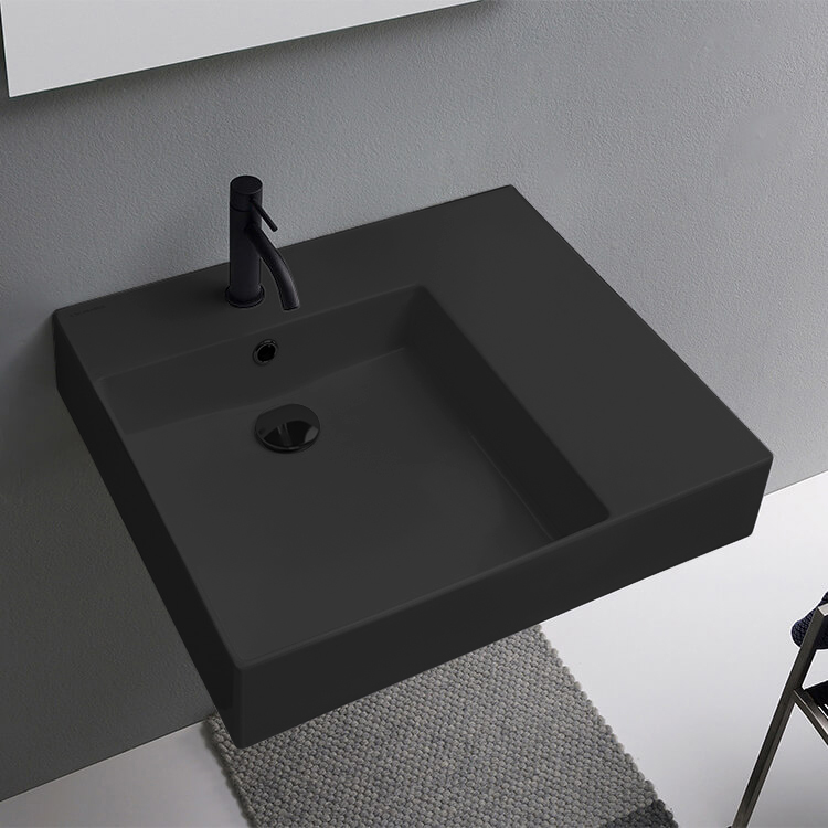 Scarabeo 5147-49 Matte Black Ceramic Wall Mounted or Vessel Sink With Counter Space